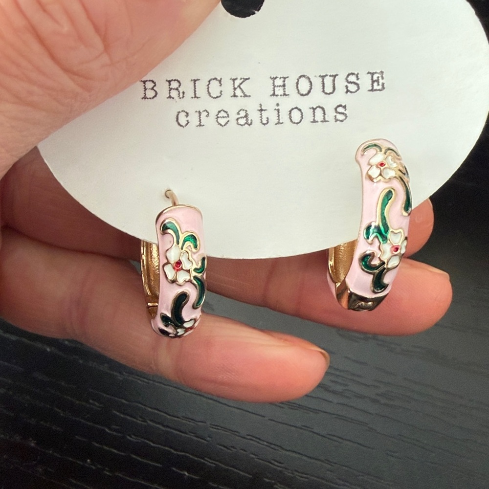 Pink Enamel Floral Hoop Earrings